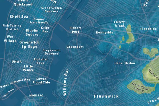 An excerpt from Jeffrey Linn's map showing the effects of 100 feet of sea level rise in NYC over the course of the coming millennium.